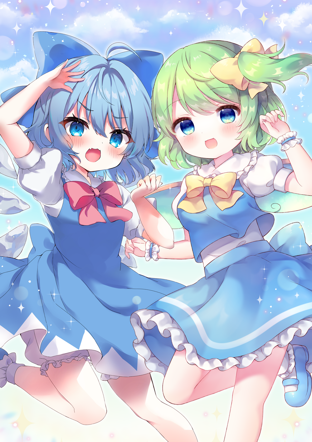 2girls, :d, ahoge, arm_up, bangs, blue_dress, blue_eyes, blue_footwear