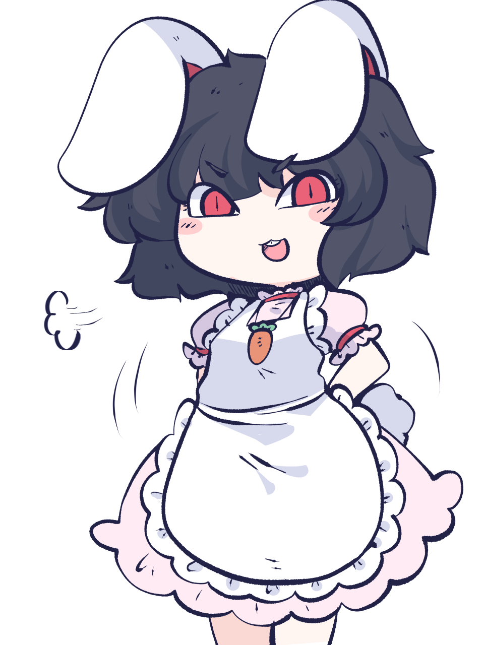 1girl, :3, :d, =3, animal_ears, black_hair, carrot, carrot_necklace