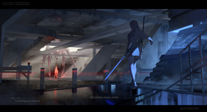 1girl, 1other, absurdres, ambiguous_gender, belt, black_gloves, blonde_hair, building, dress, fingerless_gloves, gloves, highres, holding, holding_sword, holding_weapon, indoors, long_hair, looking_at_another, mowangzhanjiang, original, reflective_floor, robot, scenery, science_fiction, solo_focus, sword, weapon