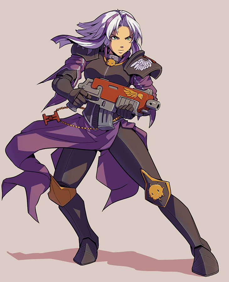 1girl, adepta_sororitas, armor, bolter, breasts, commentary, daniel_fielding, english_commentary