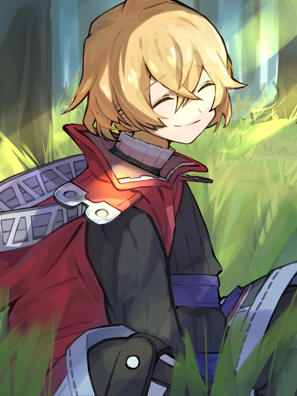 1boy, armor, asagi1111, blonde_hair, closed_eyes, closed_mouth, glass, hood