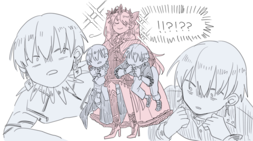 1girl, 2boys, alternate_costume, carrying, carrying_person, carrying_under_arm, cloak, closed_eyes