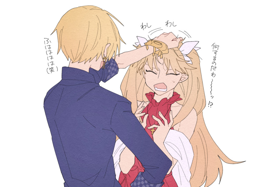 1boy, 1girl, alternate_costume, bare_shoulders, blonde_hair, blue_shirt, closed_eyes, cross