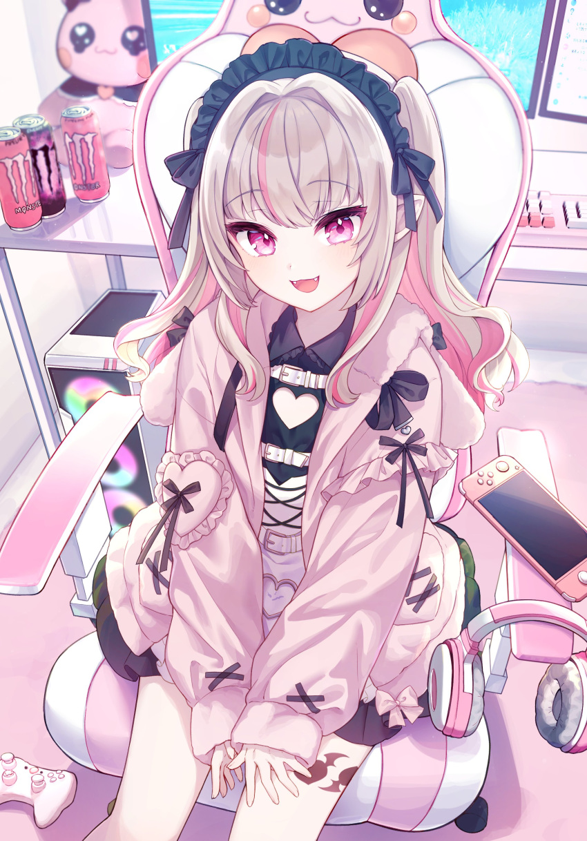 1girl, absurdres, bangs, black_bow, black_hairband, bow, can, cleavage_cutout, clothing_cutout, colored_inner_hair, computer, energy_drink, fangs, flat_chest, grey_hair, hair_behind_ear, hairband, handheld_game_console, head_tilt, headphones, heart_cutout, highres, jacket, jirai_kei, keyboard_(computer), lolita_hairband, makaino_ririmu, mono_(mono_mon), monster_energy, multicolored_hair, nijisanji, nintendo_switch_lite, open_clothes, open_jacket, pink_eyes, pink_hair, pink_jacket, pointy_ears, shorts, smile, solo, streaked_hair, stuffed_animal, stuffed_toy, virtual_youtuber