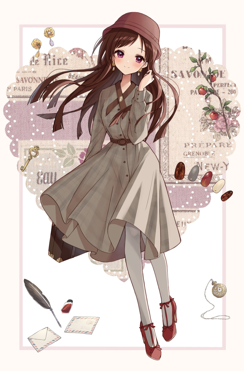 1girl, absurdres, alternate_costume, belt_buckle, blunt_ends, blush, brown_hair, bucket_hat