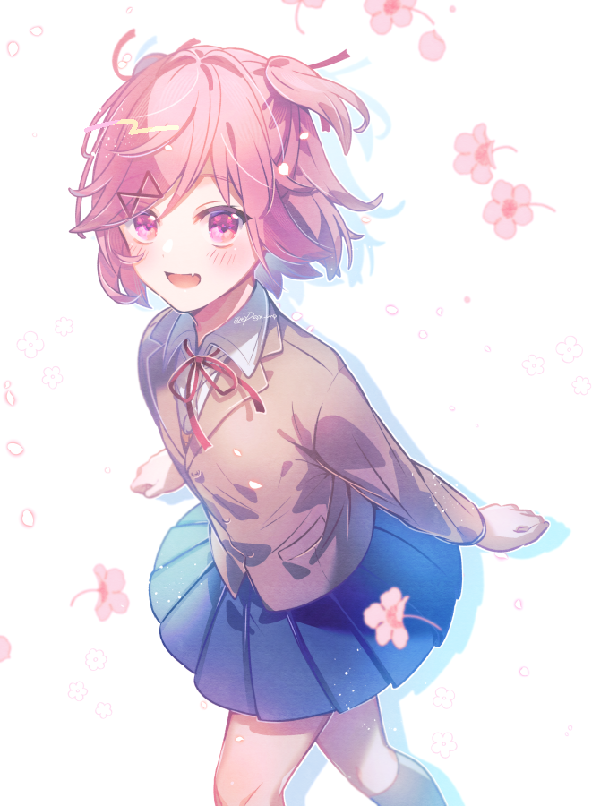 1girl, :d, aicedrop, bangs, blue_skirt, brown_jacket, cherry_blossoms, commentary_request