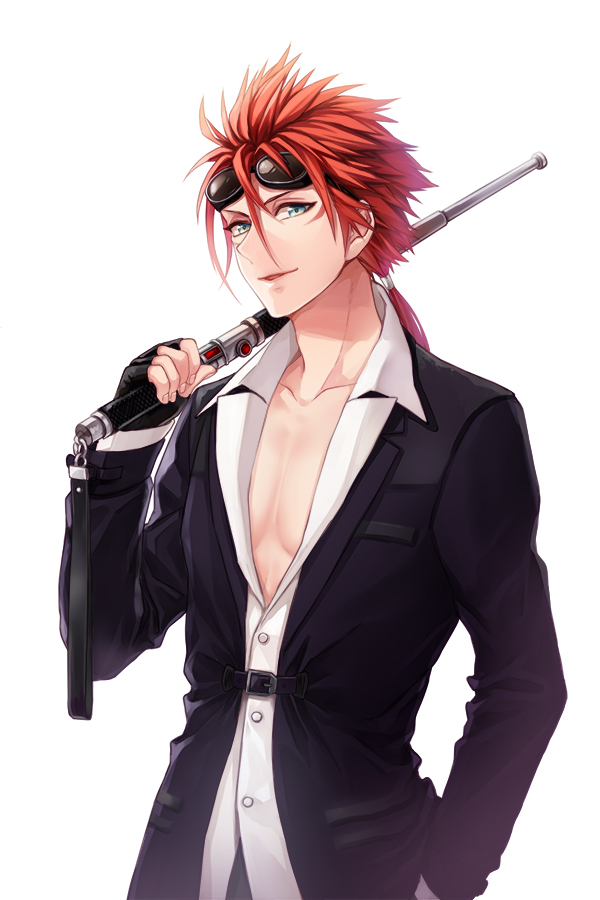 1boy, baton_(weapon), black_gloves, black_jacket, collarbone, collared_shirt, cowboy_shot, facial_mark