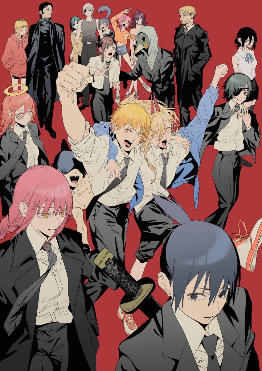 absurdres, akane_sawatari_(chainsaw_man), angel_devil_(chainsaw_man), arm_over_shoulder, arm_up, bangs, bare_shoulders, beak