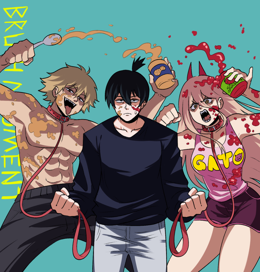 1girl, 2boys, black_hair, blonde_hair, blue_background, chainsaw_man, cross-shaped_pupils, denji_(chainsaw_man), hair_between_eyes, hayakawa_aki, highres, holding, holding_leash, holding_spoon, horns, jam, leash, light_blue_background, long_hair, looking_at_viewer, messy, multiple_boys, open_mouth, peanut_butter, pink_shirt, power_(chainsaw_man), red_horns, sharp_teeth, shirt, short_hair, simple_background, spoon, strawberry_jam, sweat, sweater, teeth, tina_fate, topknot, topless, topless_male