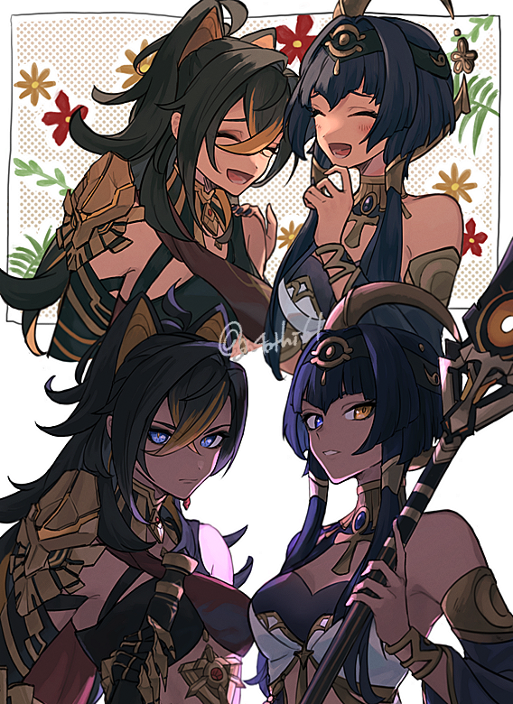 2girls, ^_^, ^o^, bare_shoulders, black_hair, blue_eyes, blue_hair, blush