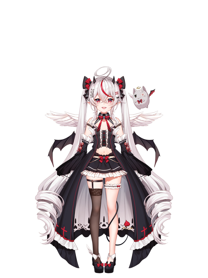 1girl, black_skirt, flat_chest, frilled_sleeves, frills, highres, horns, legwear_garter, long_hair, official_art, pale_skin, phase_connect, platform_footwear, remilia_nephys, ribbon, skirt, tail, twintails, virtual_youtuber, waist_cape, white_hair, wings