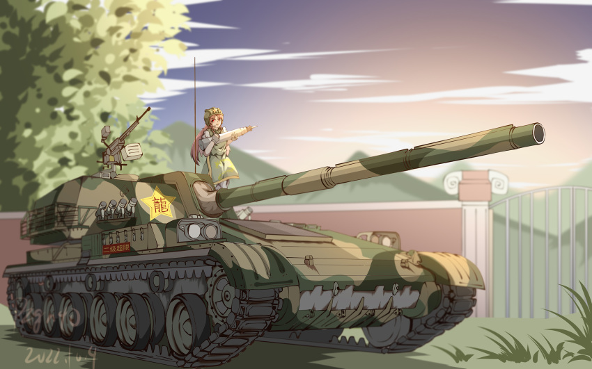 1girl, artist_name, camouflage, chinese_clothes, dated, grass, highres, hong_meiling, ptz_89, pzgr.40, qjc-88, scarlet_devil_mansion, solo, tank_helmet, tank_shell, touhou, tree