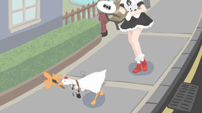 1girl, bird, black_skirt, camera, chasing, commentary_request, crossover, fasnakegod