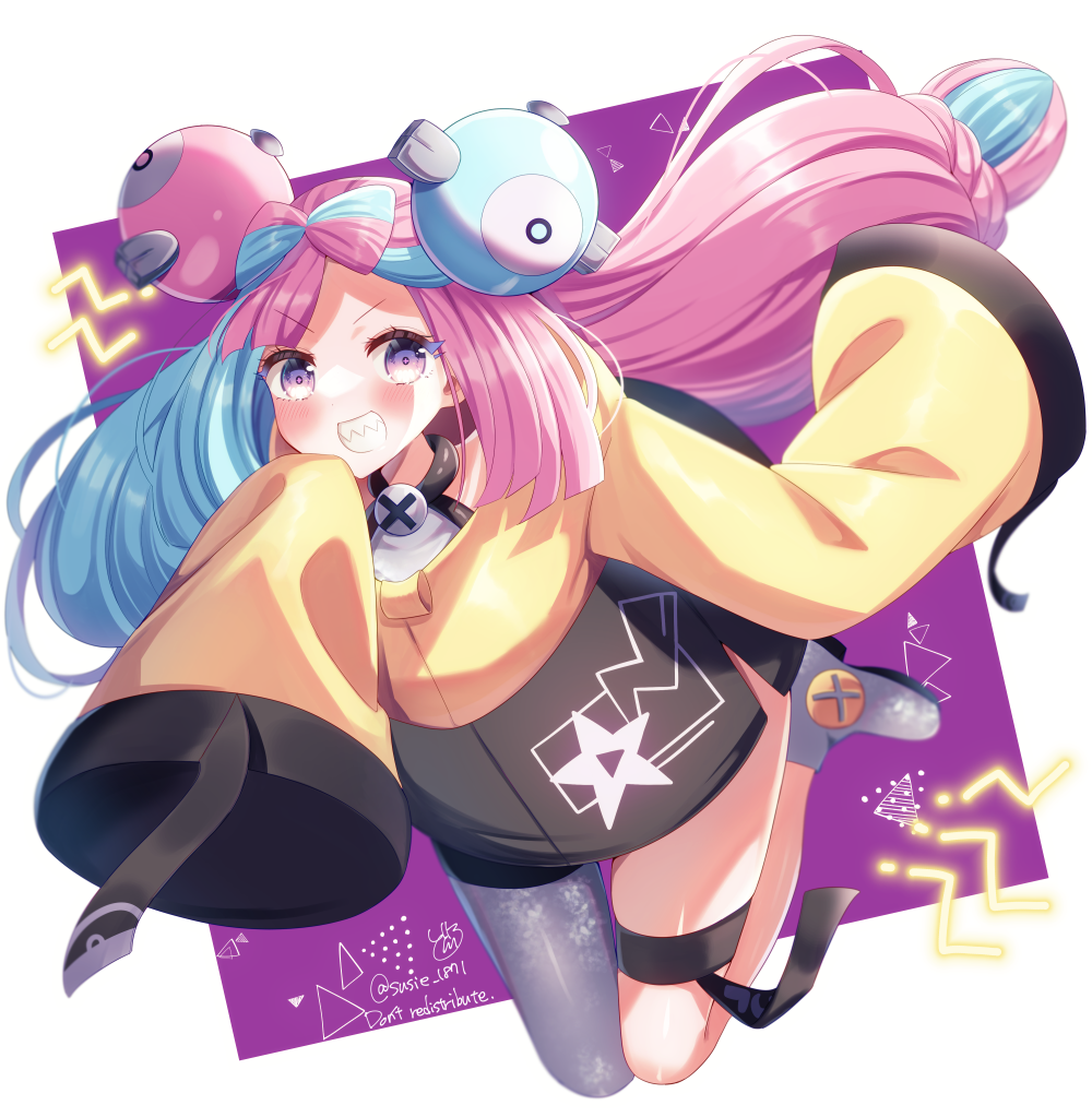 1girl, bow-shaped_hair, doroshii, hexagon_print, iono_(pokemon), jacket, long_hair, low-tied_long_hair
