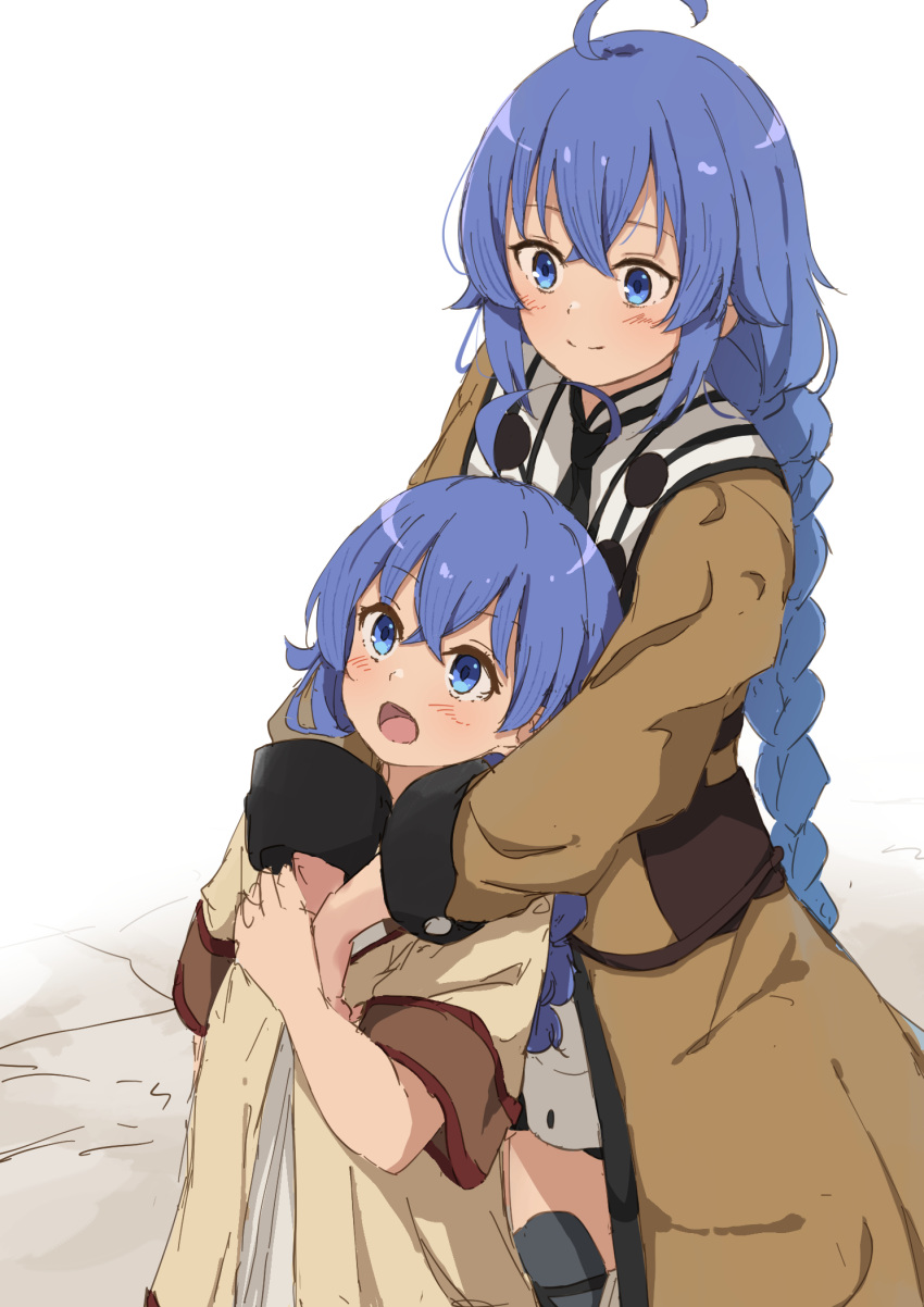 2girls, :d, age_difference, ahoge, bangs, blue_eyes, blue_hair, blush