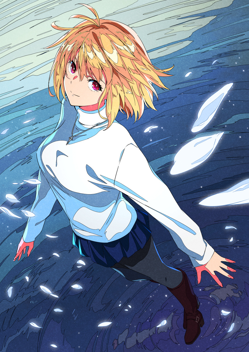 1girl, absurdres, antenna_hair, arcueid_brunestud, bangs, black_pantyhose, blonde_hair, blue_skirt