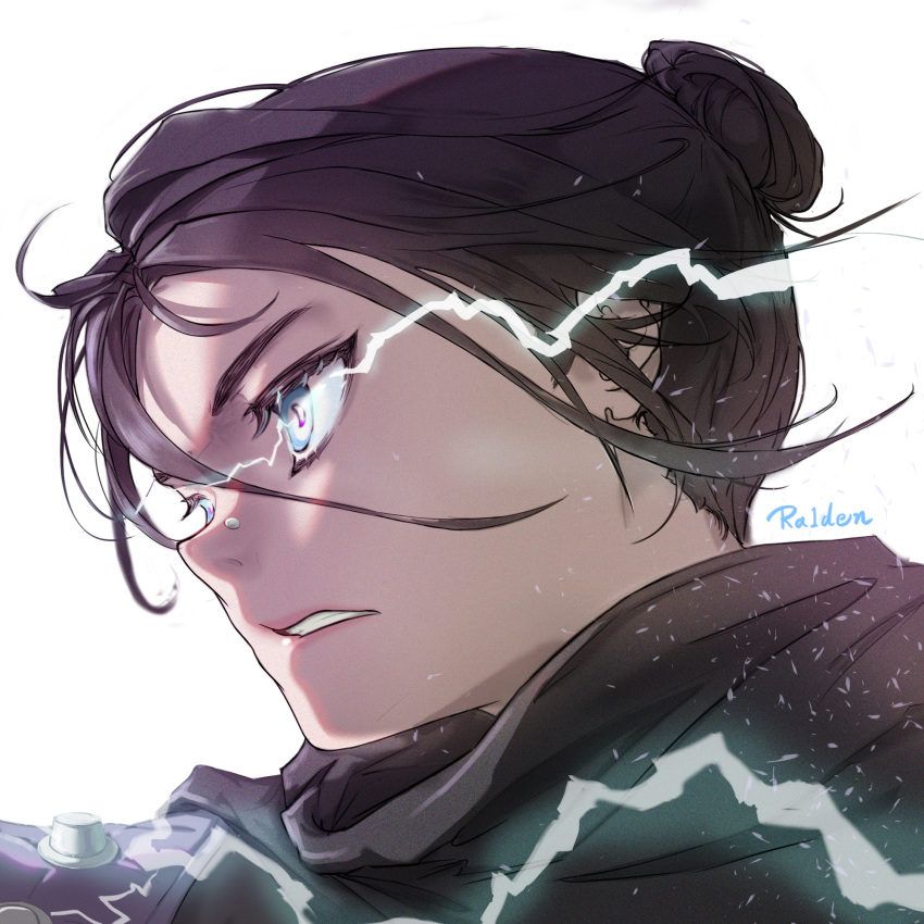 1girl, animification, apex_legends, bangs, black_hair, black_scarf, blue_eyes, chinese_clothes