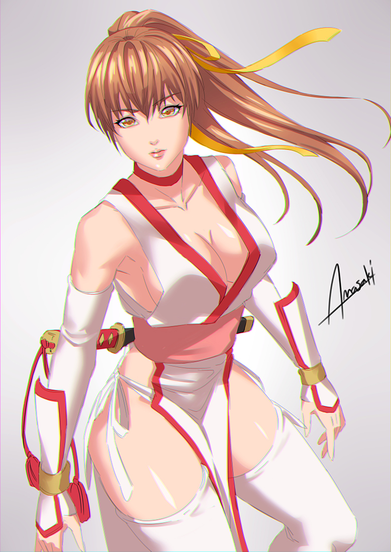 1girl, amasaki_yusuke, breasts, brown_eyes, brown_hair, dead_or_alive, hair_ribbon, kasumi_(doa), katana, lipgloss, looking_at_viewer, no_bra, no_panties, pelvic_curtain, ponytail, ribbon, solo, sword, weapon