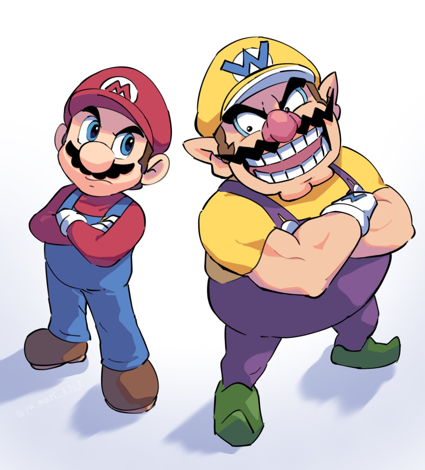 2boys, baseball_cap, blue_eyes, blue_overalls, brown_footwear, brown_hair, closed_mouth, crossed_arms, facial_hair, full_body, gloves, green_footwear, hat, highres, looking_at_another, male_focus, mario, multiple_boys, muscular, muscular_male, mustache, open_mouth, overalls, pointy_ears, purple_overalls, red_headwear, red_shirt, shirt, short_hair, short_sleeves, simple_background, standing, super_mario_bros., teeth, wario, white_background, white_gloves, ya_mari_6363, yellow_headwear, yellow_shirt