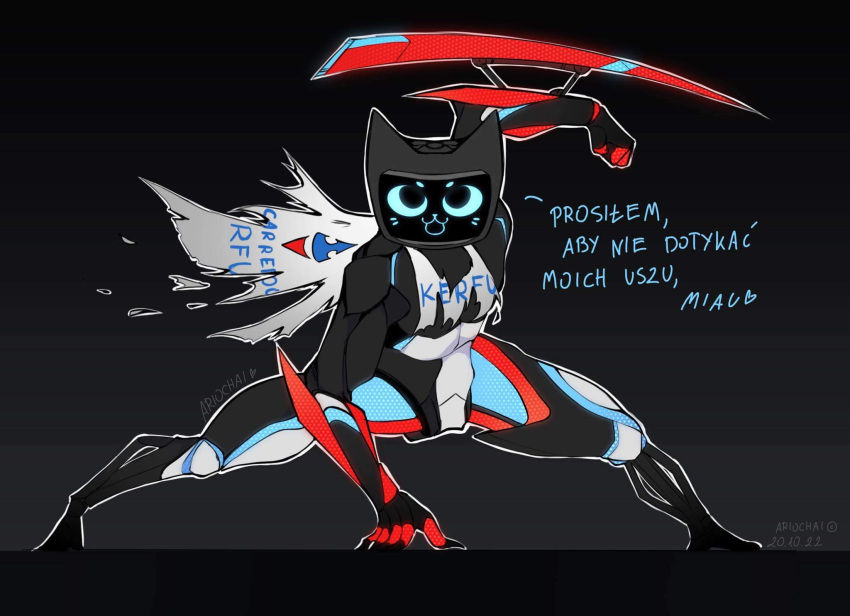 1other, :3, animal_ears, ariochai, arm_blade, artist_name, carrefour, cat_ears, dated, full_body, highres, kerfus, looking_at_viewer, object_head, polish_text, robot, solo, split, standing, standing_on_one_leg, standing_split, torn_clothes, translation_request, weapon