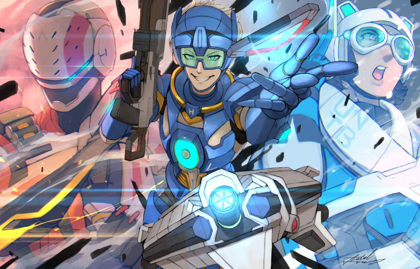 3girls, animification, apex_commander_bangalore, apex_legends, assault_visor, atom_heart_mother_horizon, bangalore_(apex_legends), black_hair