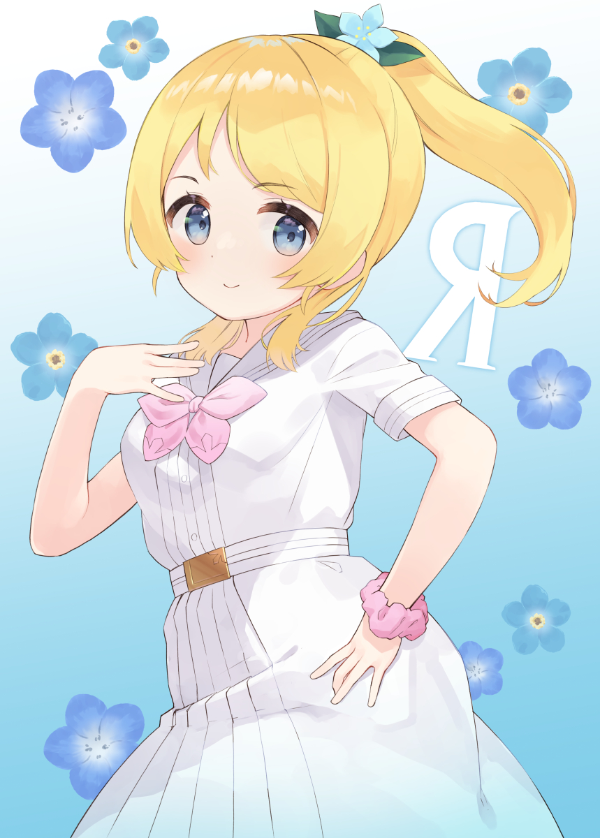 1girl, a_song_for_you!_you?_you!, ayase_eli, blonde_hair, blue_eyes, blush, bow, bowtie