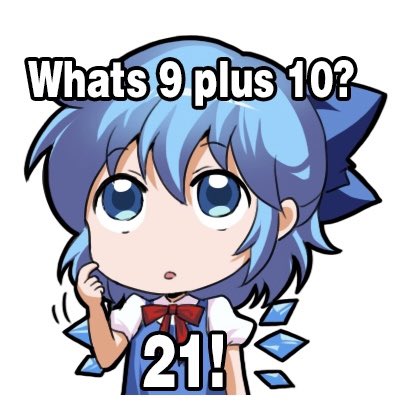 1girl, blue_dress, blue_eyes, blue_hair, bow, cirno, dress, english_text, hair_ornament, hand_on_own_face, jokanhiyou, looking_up, lowres, math, open_mouth, red_bow, short_sleeves, solo, thinking, touhou, white_background