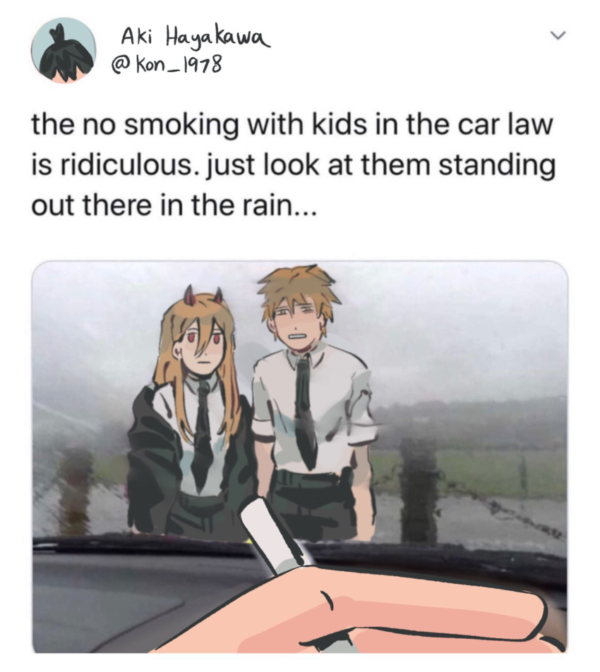 1boy, 1girl, 1other, black_necktie, black_pants, blonde_hair, chainsaw_man, cigarette, closed_mouth, collared_shirt, denji_(chainsaw_man), english_text, fake_screenshot, fishfud, hair_between_eyes, hayakawa_aki, highres, holding, holding_cigarette, horns, long_hair, looking_at_viewer, necktie, open_mouth, outdoors, pants, photo_background, power_(chainsaw_man), red_eyes, shirt, short_hair, standing, twitter, white_shirt