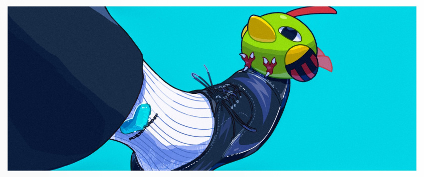 1other, aqua_background, bird, bird_on_foot, black_eyes, black_footwear, black_pants, border, commentary_request, heart, heart_print, highres, looking_up, natu, pants, pokemon, pokemon_(creature), ribbed_socks, saiku_(zvlku), shoelaces, shoes, socks, talons, white_border, white_socks