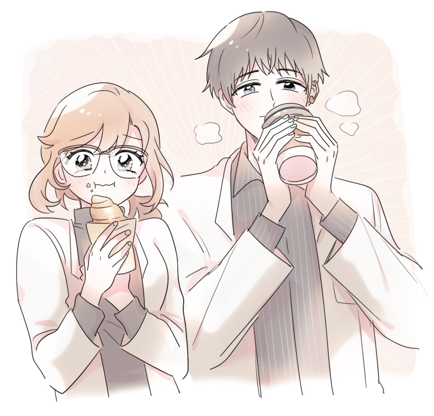1boy, 1girl, blush, breasts, brown_hair, character_request, closed_mouth, coffee_cup, commentary, croissant, cup, disposable_cup, eating, eoduun_badaui_deungbul-i_doeeo, food, glasses, grey_eyes, grey_hair, grey_shirt, holding, holding_cup, holding_food, jacket, long_hair, long_sleeves, looking_at_viewer, rql2020, shirt, short_hair, simple_background, striped, striped_shirt, symbol-only_commentary, upper_body, vertical-striped_shirt, vertical_stripes, white_background, white_jacket