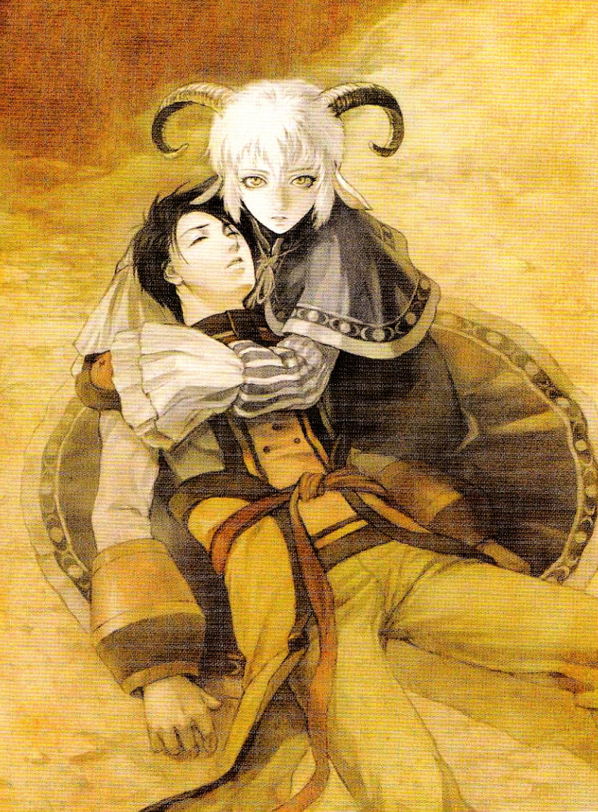 cover, curled_horns, demon_horns, gensou_suikoden, goat_horns, highres, holding, horns