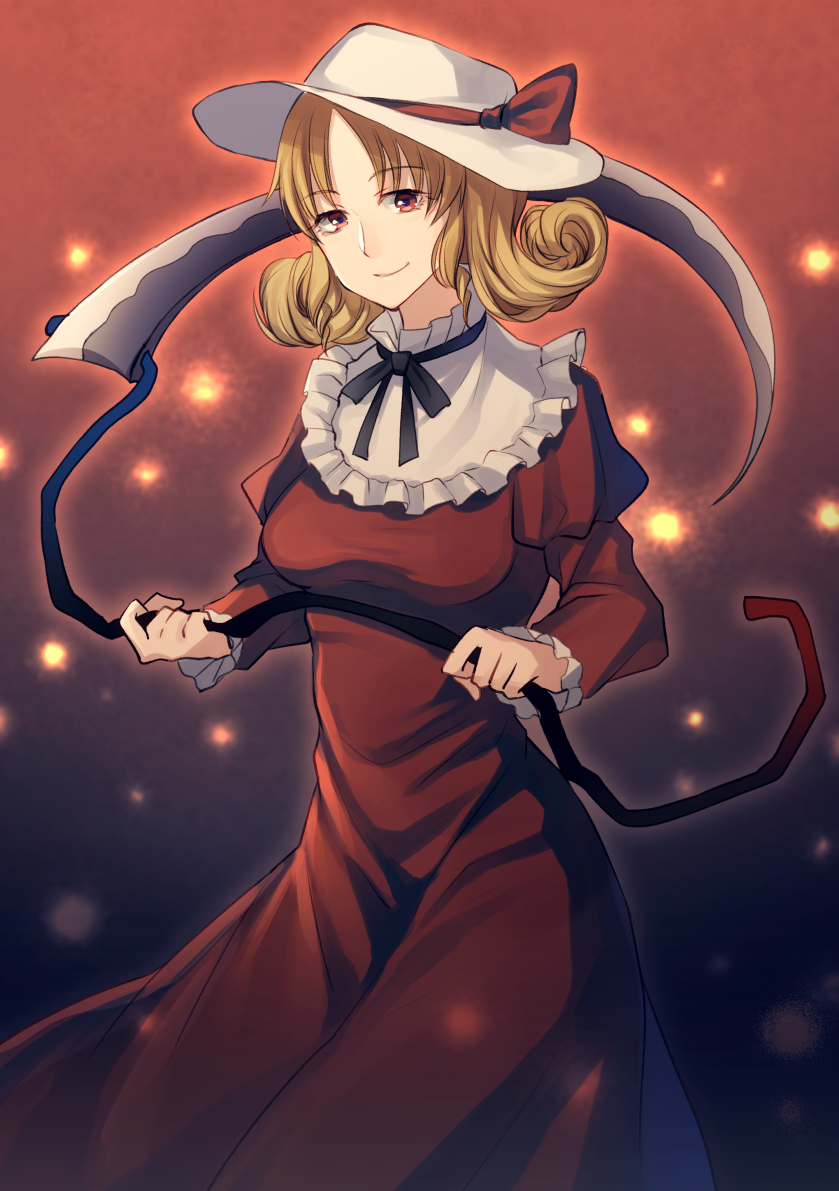 1girl, black_ribbon, blonde_hair, breasts, capelet, closed_mouth, cowboy_shot, curly_hair, dress, elly_(touhou), happy, hat, hat_ribbon, holding, holding_scythe, juliet_sleeves, kaede_(mmkeyy), long_sleeves, medium_breasts, medium_hair, neck_ribbon, puffy_sleeves, red_dress, red_eyes, red_ribbon, ribbon, scythe, smile, solo, sun_hat, touhou, touhou_(pc-98), white_capelet, white_headwear
