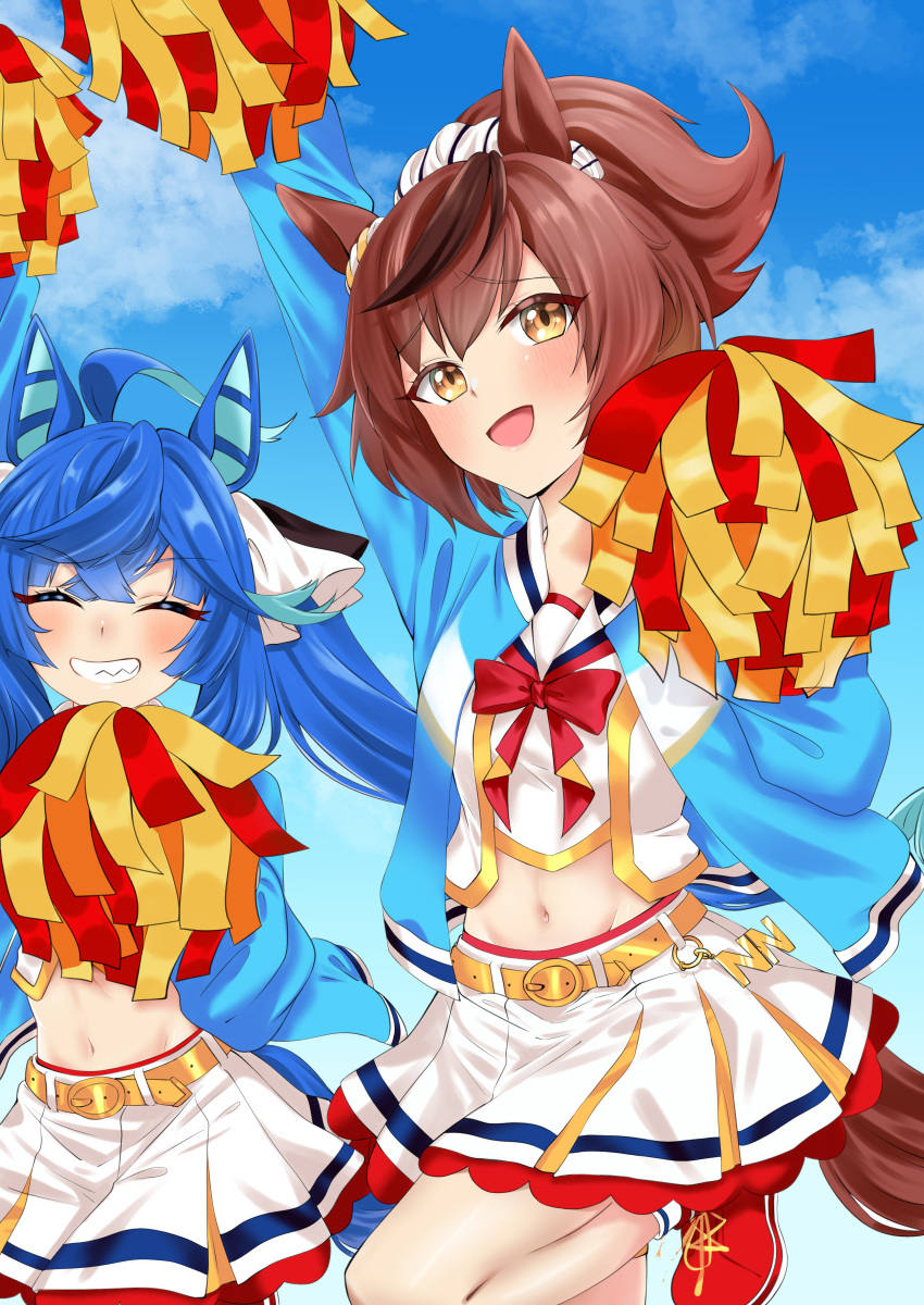 absurdres, ahoge, animal_ears, arm_up, bangs, blue_hair, blue_jacket, blue_sky, bow, bowtie, brown_eyes, brown_hair, commentary_request, cosplay, cropped_shirt, cross-laced_footwear, day, ear_ribbon, facing_viewer, gakeumi, grin, hair_ornament, hair_ribbon, hair_scrunchie, highres, holding, holding_pom_poms, horse_ears, horse_girl, horse_tail, jacket, leg_up, long_hair, long_sleeves, looking_at_viewer, medium_hair, midriff, miniskirt, navel, nice_nature_(run&amp;win)_(umamusume), nice_nature_(umamusume), nice_nature_(umamusume)_(cosplay), open_clothes, open_jacket, open_mouth, outdoors, partial_commentary, pom_pom_(cheerleading), ponytail, red_bow, red_bowtie, red_footwear, ribbon, roar_yell!_tracen_academy_cheerleading_squad_(umamusume), scrunchie, sharp_teeth, shirt, skirt, sky, smile, socks, standing, standing_on_one_leg, tail, teeth, track_jacket, twin_turbo_(umamusume), umamusume, white_ribbon, white_scrunchie, white_shirt, white_skirt, white_socks, yellow_belt