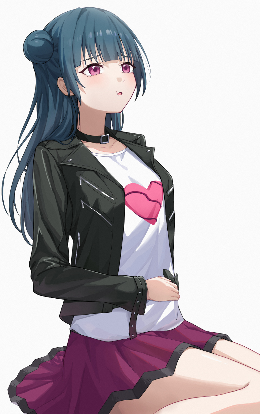 1girl, absurdres, aftamc, bangs, black_collar, black_jacket, blue_hair, collar