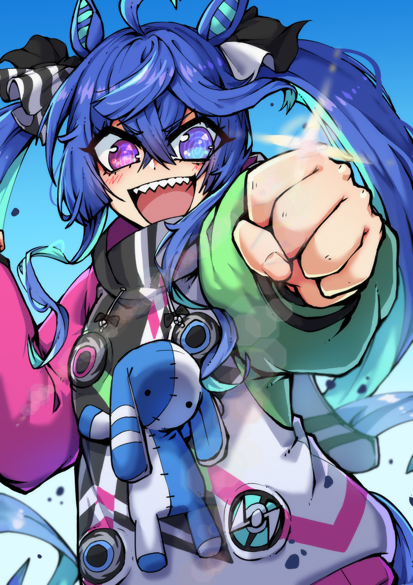 1girl, :d, @_@, absurdres, ahoge, animal_ears, bangs, black_ribbon, blue_eyes, blue_hair, blue_sky, clear_sky, clenched_hand, commentary, day, drawstring, foreshortening, hair_ribbon, heterochromia, highres, horse_ears, horse_girl, horse_tail, long_hair, long_sleeves, looking_at_viewer, multicolored_coat, open_mouth, outdoors, ppyumeuleulu, ribbon, sharp_teeth, sidelocks, sky, smile, solo, standing, stuffed_animal, stuffed_bunny, stuffed_toy, tail, teeth, twin_turbo_(umamusume), twintails, umamusume, v-shaped_eyebrows, violet_eyes