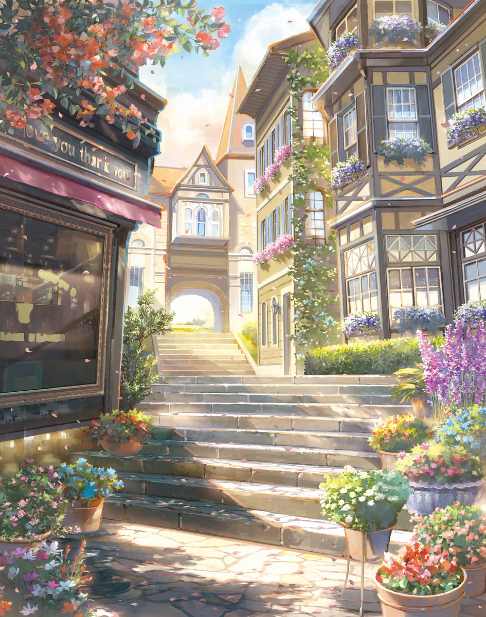 blue_flower, building, bush, clouds, cosmos_(flower), day, falling_petals, flower, highres, hyacinth, no_humans, orange_flower, original, petals, pink_flower, purple_flower, red_flower, scenery, stairs, tomato_(kiiroitomato33), town, tree