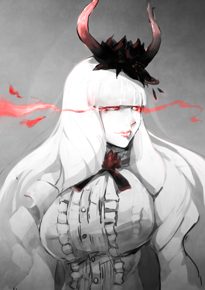 1girl, abyssal_ship, bangs, black_headwear, blunt_bangs, breasts, colored_skin, fake_horns, glowing, glowing_eyes, grey_background, hat, horned_headwear, horns, kantai_collection, large_breasts, lips, lipstick, long_hair, lycoris_princess, makeup, pale_skin, red_eyes, red_lips, simple_background, solo, tomamatto, upper_body, very_long_hair, white_hair, white_skin