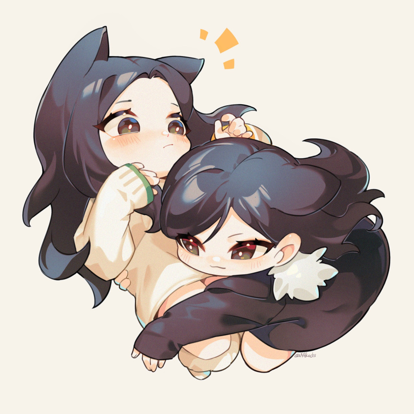 2girls, akechi_(826988799), animal_ears, animification, bangs, black_eyes, black_hair, black_shirt