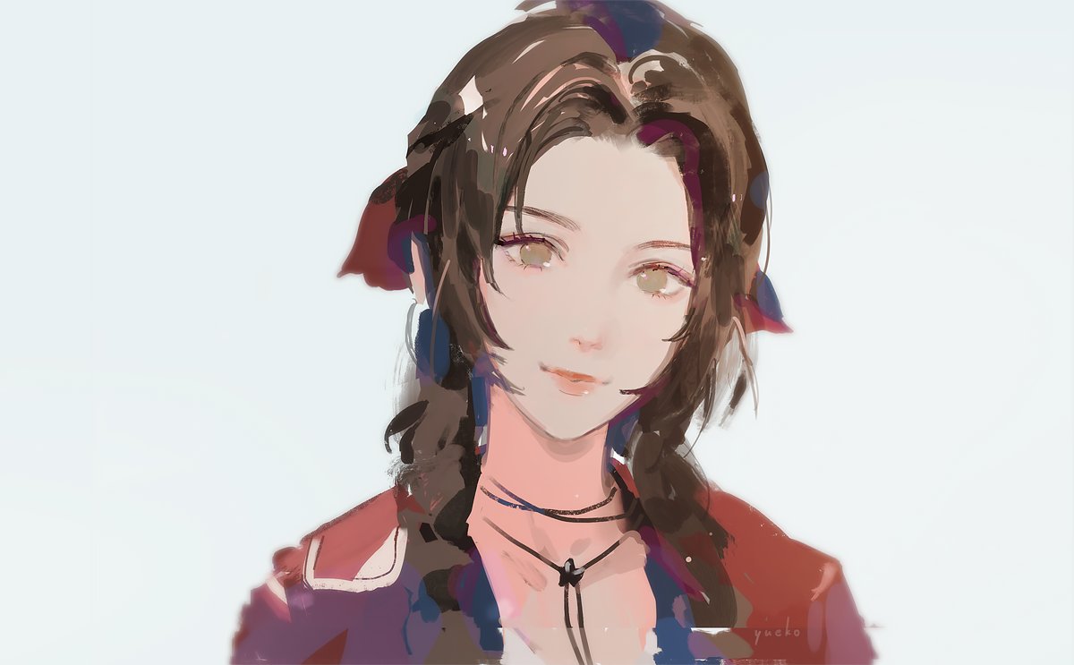 1girl, aerith_gainsborough, bangs, brown_hair, choker, final_fantasy, final_fantasy_vii, final_fantasy_vii_remake
