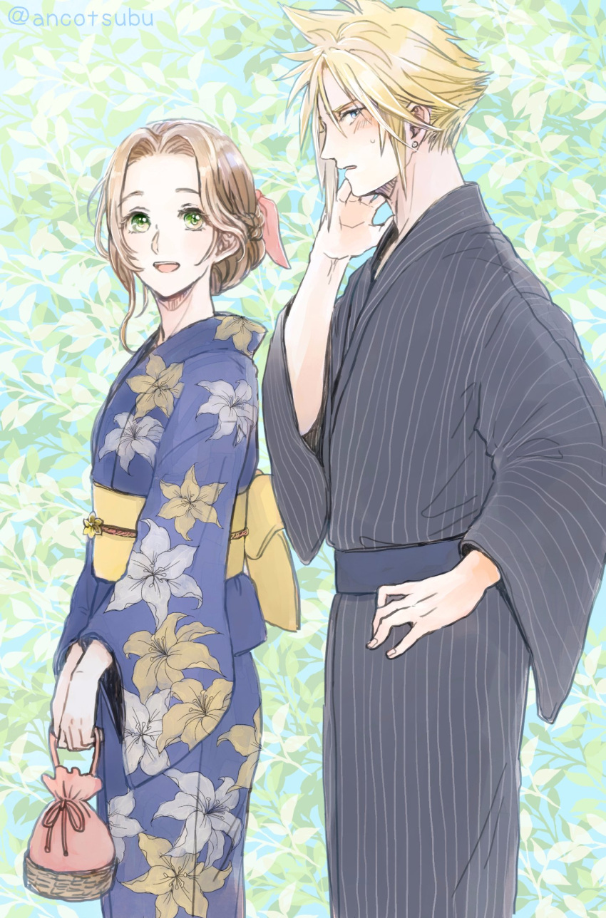 1boy, 1girl, aerith_gainsborough, alternate_costume, alternate_hairstyle, ancotsubu, back_bow, bag, bangs, blonde_hair, blue_eyes, blue_kimono, bow, brown_hair, cloud_strife, cowboy_shot, earrings, final_fantasy, final_fantasy_vii, final_fantasy_vii_remake, floral_print, flower, green_eyes, grey_kimono, hair_between_eyes, hair_bun, hair_ribbon, hand_on_hip, hand_on_own_cheek, hand_on_own_face, highres, holding, holding_bag, japanese_clothes, jewelry, kimono, leaf, lily_(flower), looking_at_viewer, obi, open_mouth, outdoors, parted_bangs, pink_ribbon, pinstripe_kimono, print_kimono, ribbon, sash, short_hair, single_earring, smile, spiky_hair, twitter_username, wavy_hair, white_flower, yellow_flower