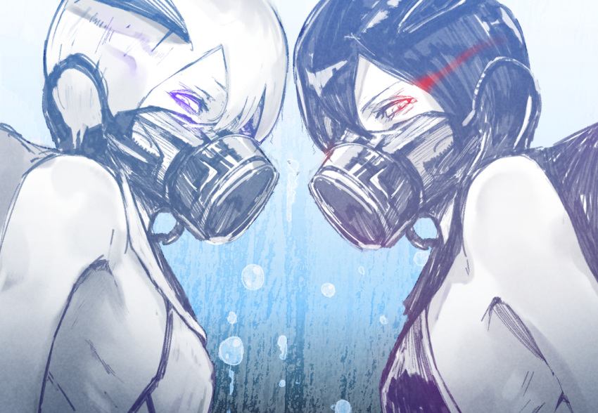 2girls, abyssal_ship, abyssal_twin_princess_(black), abyssal_twin_princess_(white), bangs, black_dress, black_hair, bubble, colored_skin, dress, glowing, glowing_eyes, hair_between_eyes, headgear, kantai_collection, looking_at_viewer, mask, mouth_mask, multiple_girls, oxygen_mask, pale_skin, short_hair, tomamatto, underwater, upper_body, violet_eyes, white_dress, white_hair, white_skin