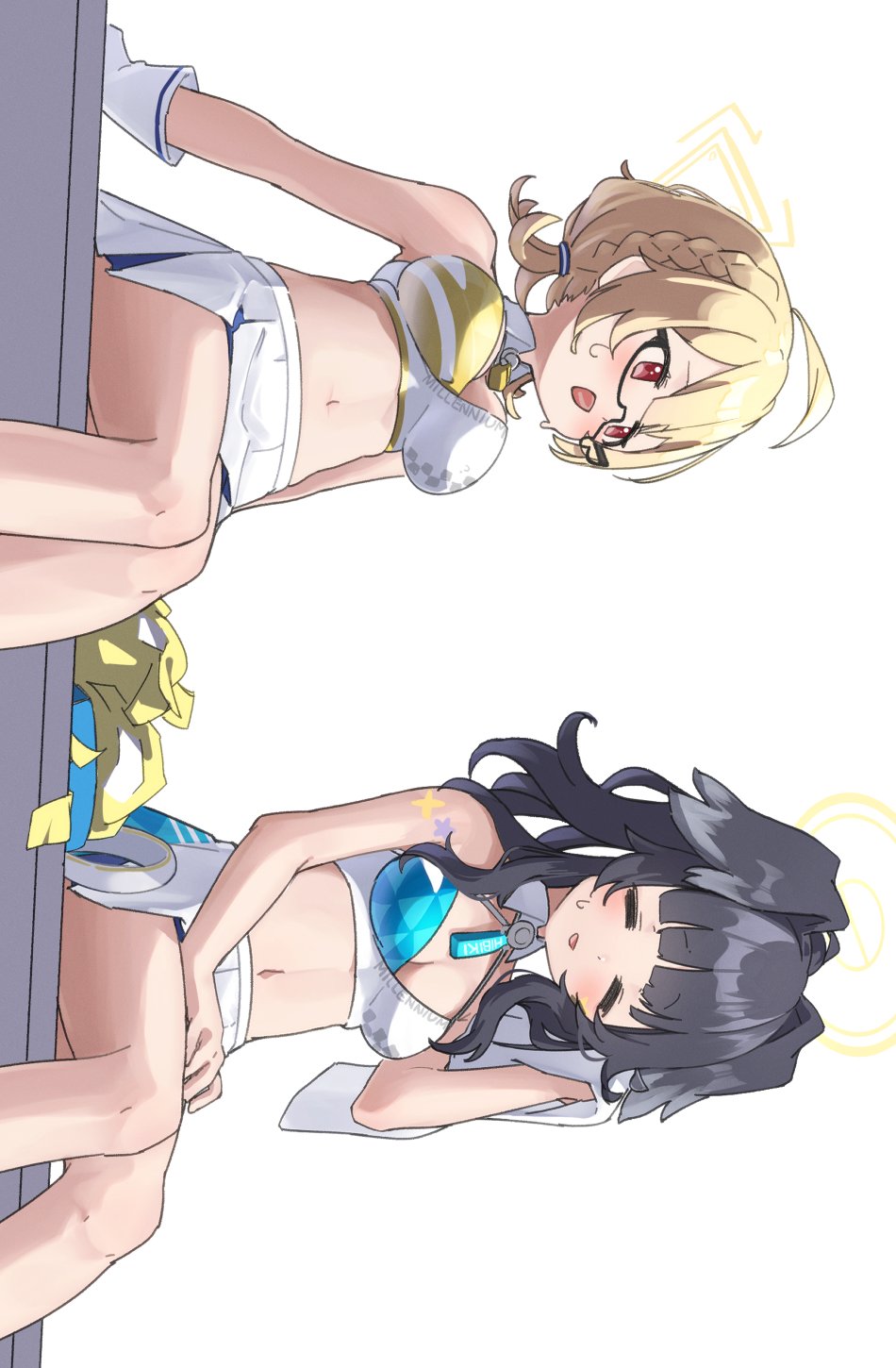 =_=, animal_ears, bench, blue_archive, breasts, cheerleader, dog_ears, dog_girl