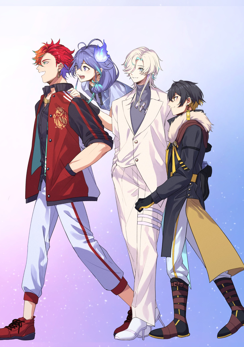 4boys, :d, absurdres, akaie11, alternate_costume, antenna_hair, aqua_hair, asymmetrical_bangs