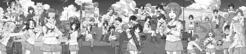 6+girls, absurdres, adjusting_eyewear, ahoge, aircraft_carrier, akiyama_yukari, anglerfish, animal_ears