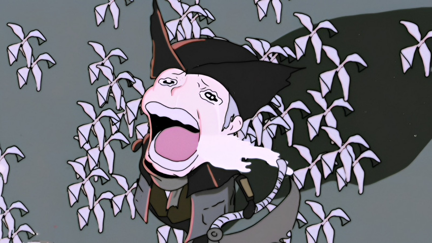 bloodborne, chopper_crying_(meme), coat, crying, hat, highres, holding, holding_weapon, hunter_(bloodborne), ivananeko, meme, saw_cleaver, tricorne, weapon