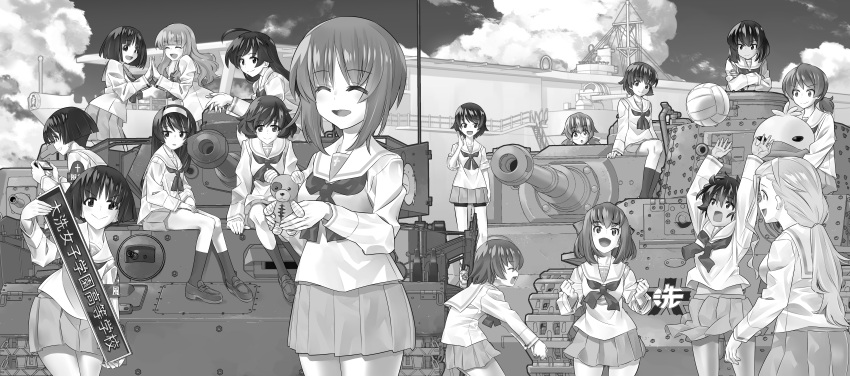 6+girls, absurdres, ahoge, aircraft_carrier, akiyama_yukari, anglerfish, arms_up, bangs