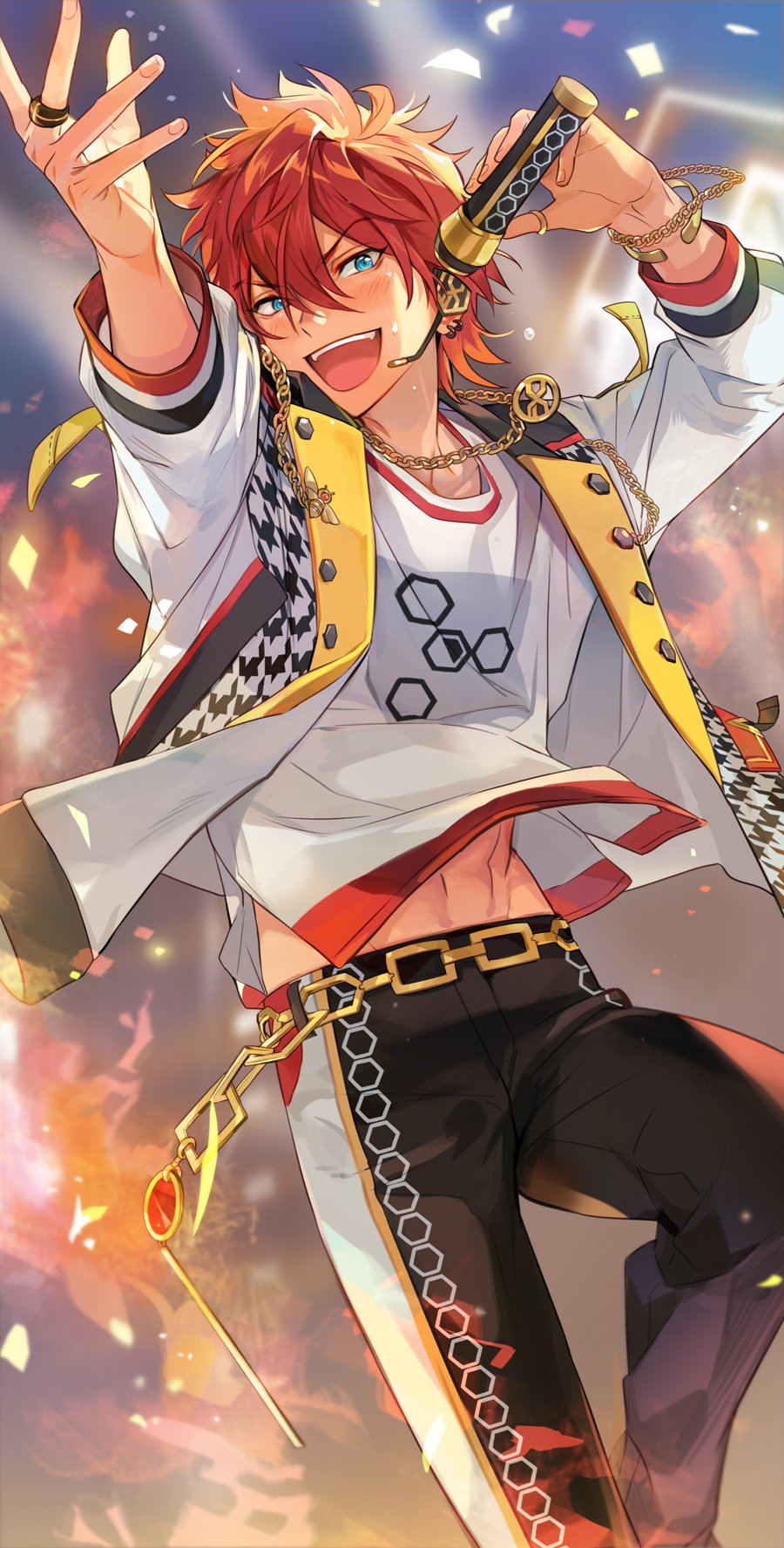 1boy, :d, amagi_rinne, bangle, black_pants, blue_eyes, blush, bracelet, chain_belt, chain_necklace, confetti, earpiece, earrings, ensemble_stars!, fangs, feet_out_of_frame, hair_between_eyes, highres, holding, holding_microphone, honeycomb_(pattern), houndstooth, jacket, jewelry, korean_commentary, kuzuvine, lapel_pin, looking_at_viewer, male_focus, microphone, midriff_peek, music, necklace, open_clothes, open_jacket, outstretched_arm, pants, print_shirt, shirt, short_hair, singing, smile, solo, sweat, teeth, upper_teeth, v-shaped_eyebrows, white_jacket, white_shirt