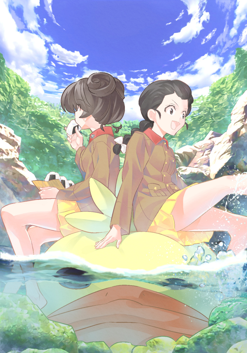 2girls, air_bubble, barefoot, blue_sky, braid, braided_ponytail, brown_hair, brown_jacket