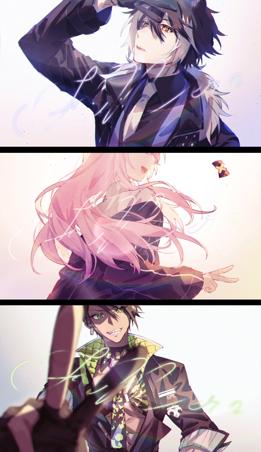 3boys, :d, abs, absurdres, animal_ears, aragami_oga, black_bow, black_gloves