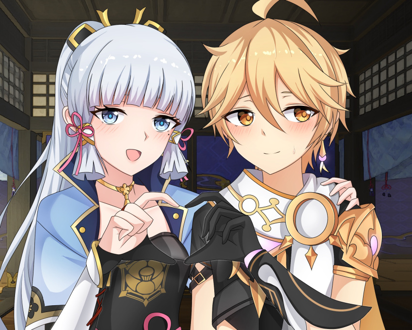 1boy, 1girl, aether_(genshin_impact), ahoge, bangs, black_gloves, black_shirt, blonde_hair, blue_eyes, blue_jacket, blunt_bangs, blush, closed_mouth, commentary, english_commentary, genshin_impact, gloves, gold_trim, grey_hair, hair_between_eyes, hair_ornament, hand_on_another's_shoulder, heart, heart_hands, heart_hands_duo, highres, indoors, jacket, kamisato_ayaka, long_hair, looking_at_viewer, looking_away, midori_(user_nsaz3272), mole, mole_under_eye, open_clothes, open_jacket, open_mouth, partially_fingerless_gloves, ponytail, scarf, shirt, short_hair, short_sleeves, smile, sweatdrop, tassel, upper_body, white_scarf, yellow_eyes